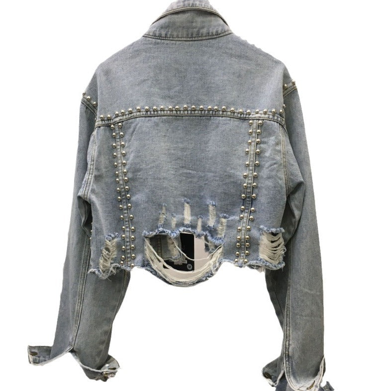 Damer Designer Denim Jakke med Nitter og Frynser Skjora