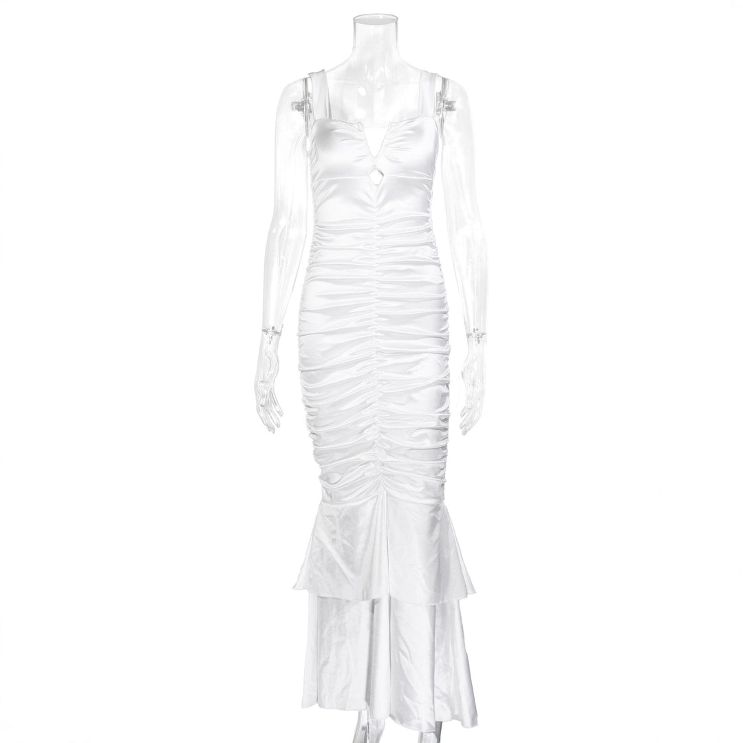 Dame Figurtilpasset Satin-Maxi-Kjole med Volangdetaljer Skjora