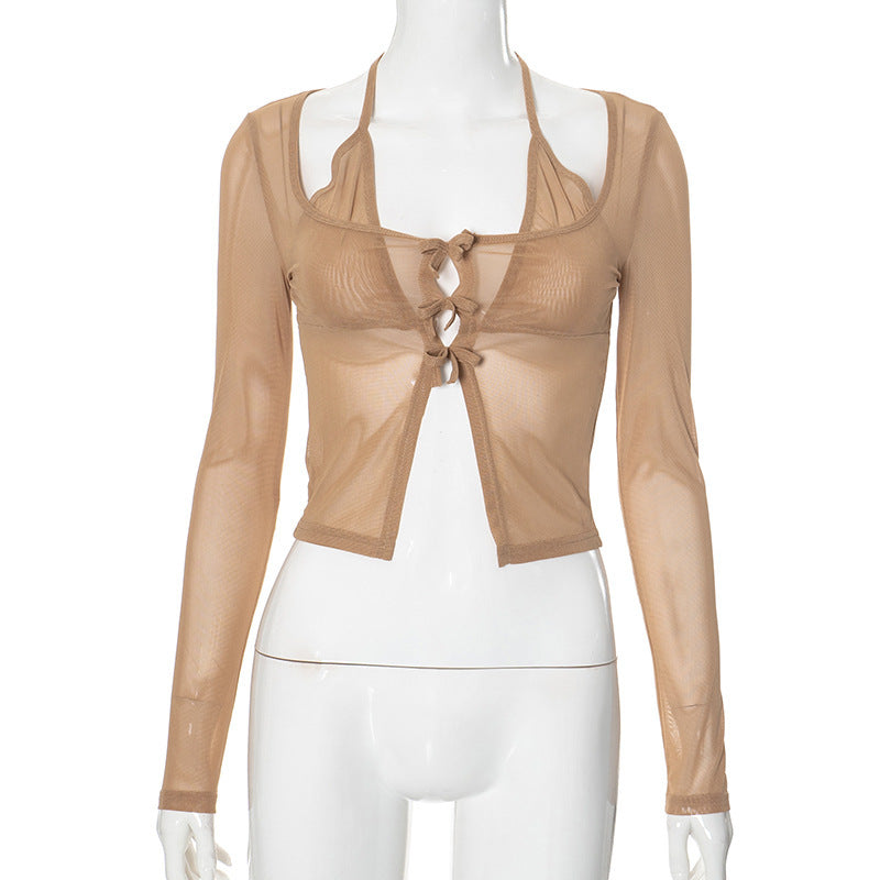 Dame lang Arm Mesh Bluse med justerbart knutedesign Skjora