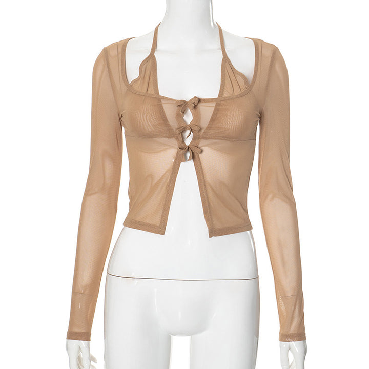 Dame lang Arm Mesh Bluse med justerbart knutedesign Skjora