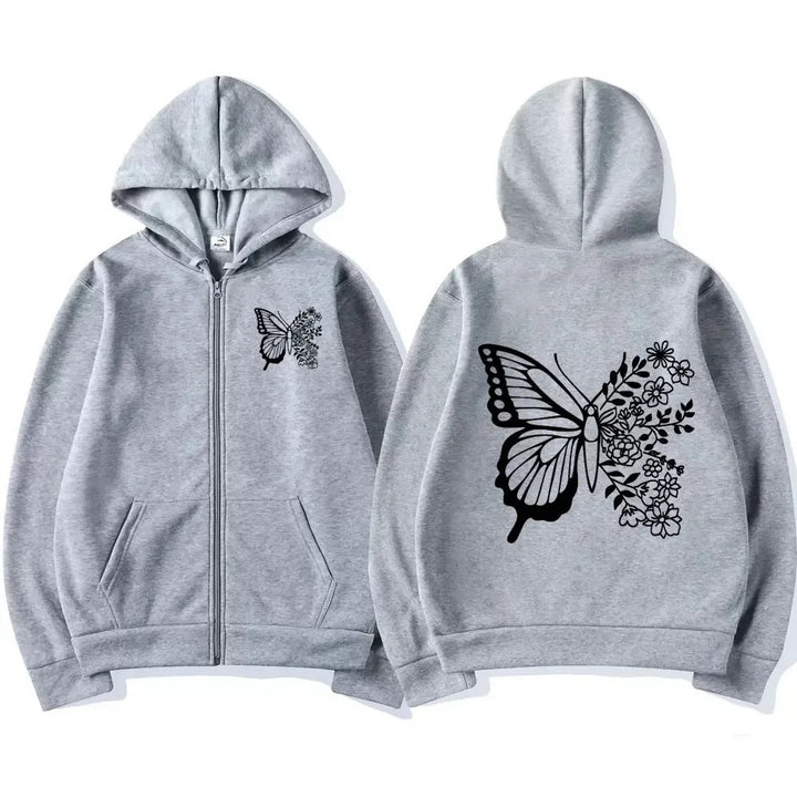 Dame hoodie med blomster sommerfuglmotiv og praktisk kengurulomme Skjora