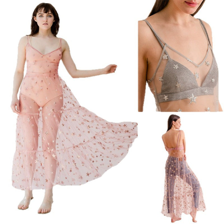 Dame Gjennomsiktig Maxikjole i Chiffon med Stjernedesign og Lagdelt Kant Skjora