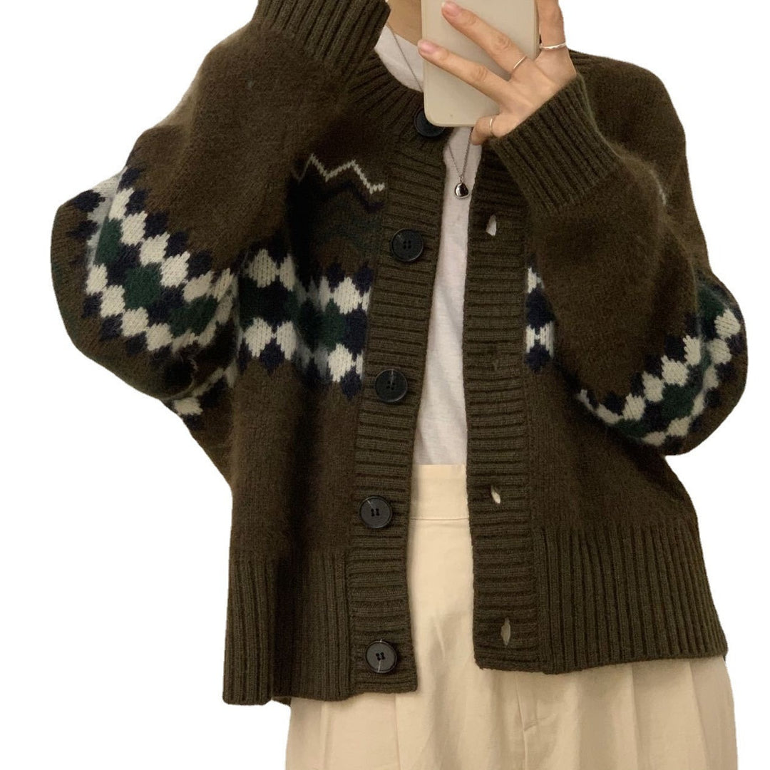 Damer Cozy Strikket Cardigan med Ornamentale Mønstre Skjora
