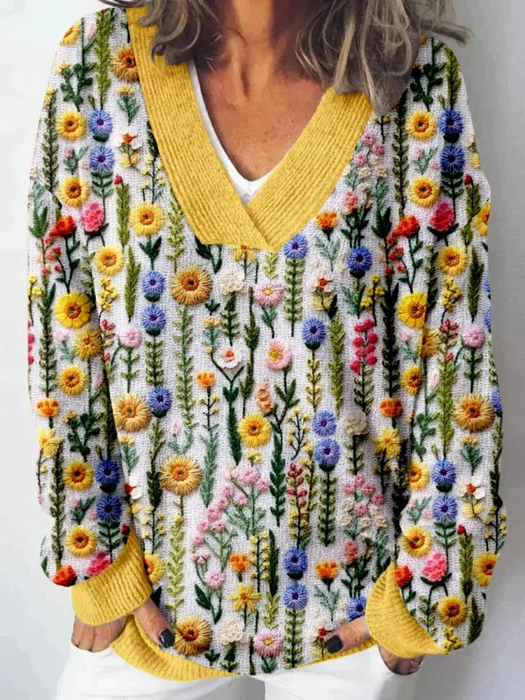 Dame V-hals genser med blomstermønster og avslappet passform Skjora