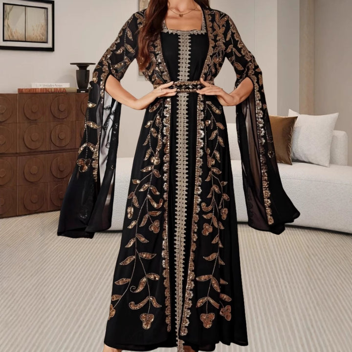 Kvinne Elegant Kaftan Kjole med Utsøkt Broderi og Flytende Snitt