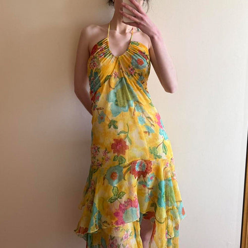 Dame Maxi-kjole med blomsterdetaljer og dyp V-hals Skjora
