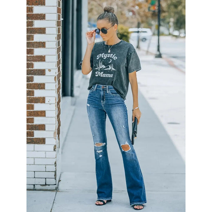 Dame Flared Jeans i vintage-stil med avslappet destroyed-effekt Skjora