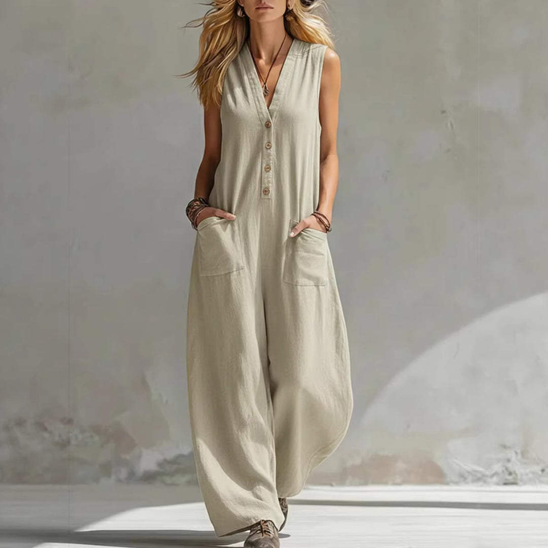 Dame jumpsuit med dyp V-halsing og praktiske lommer Skjora
