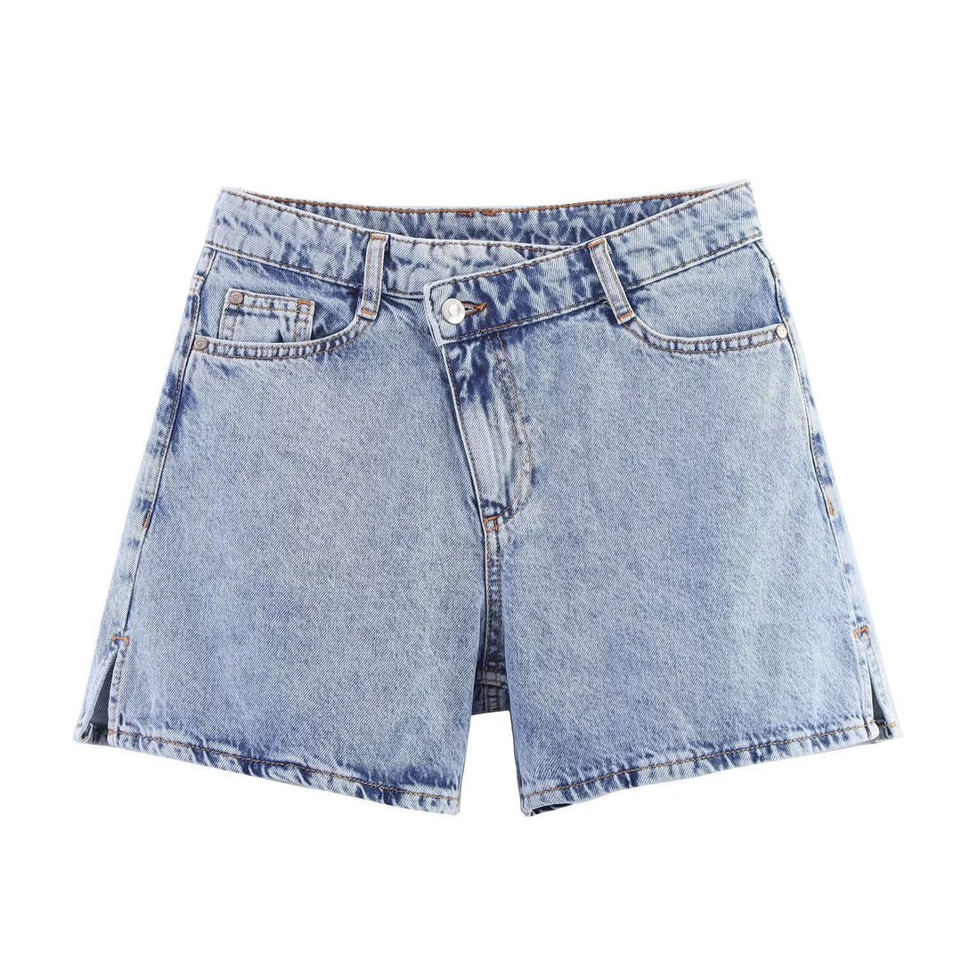 Dame jeansshorts i avslappet vintage-stil med høy midje og sidelommer Skjora