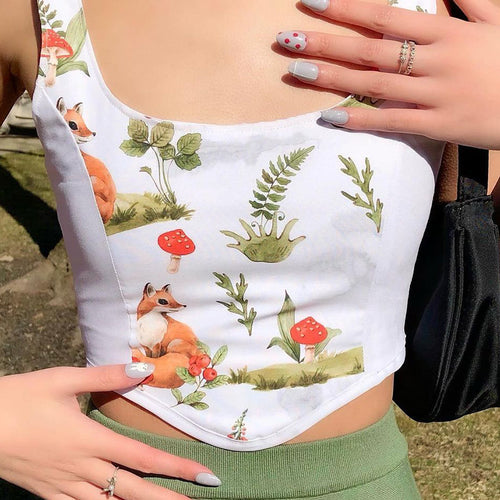 Damer Crop Top med kunstnerisk flora-design og justerbare stropper Skjora