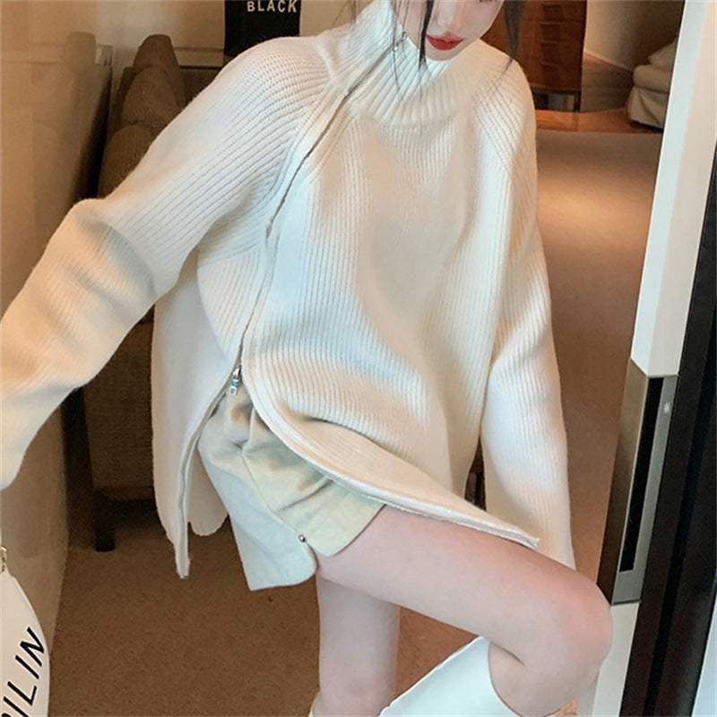 Kvinnes Oversized Turtleneck Genser med Sidelås og Ribbemønster Skjora