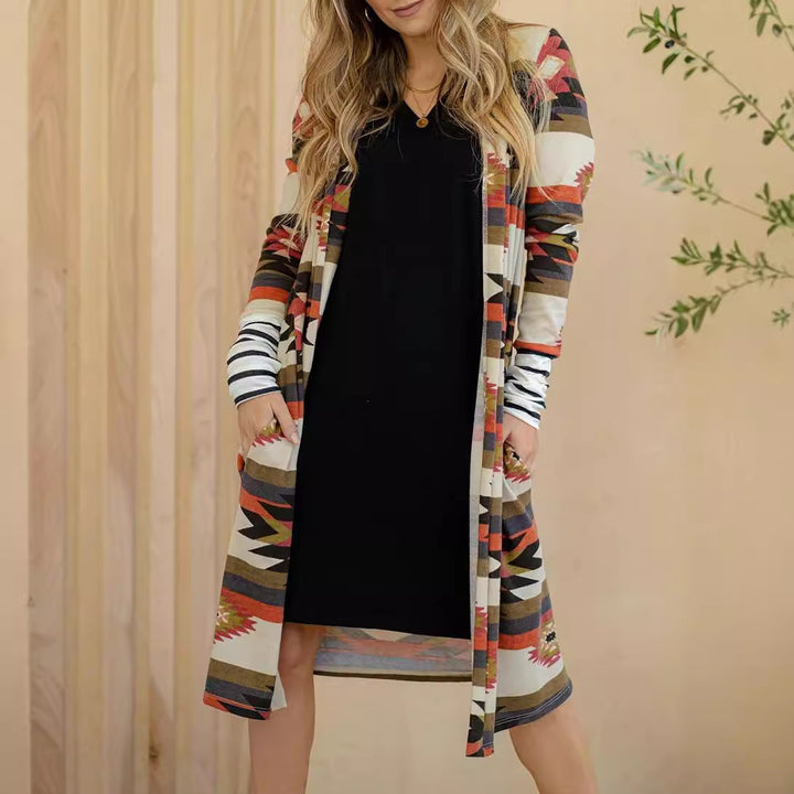 Kvinne Langermet Kimono Cardigan med Unik Mønster Skjora