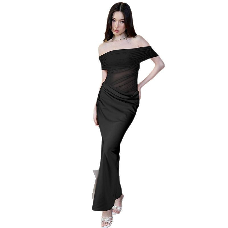 Women's Elegant Off-Shoulder Maxi Dress with Flowy Skirt Skjora