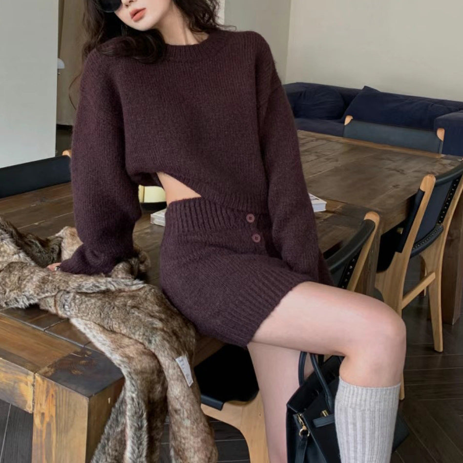 Kvinnenes cropped strikkedress med høyt liv Skjora