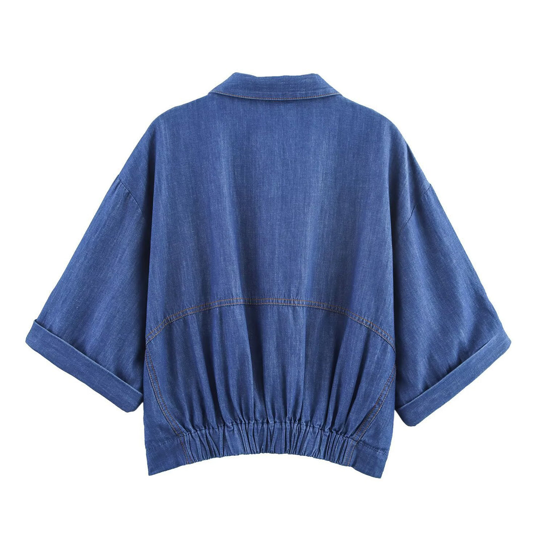 Damer avslappet denim-sett med crop-bluse og elastiske bukser Skjora