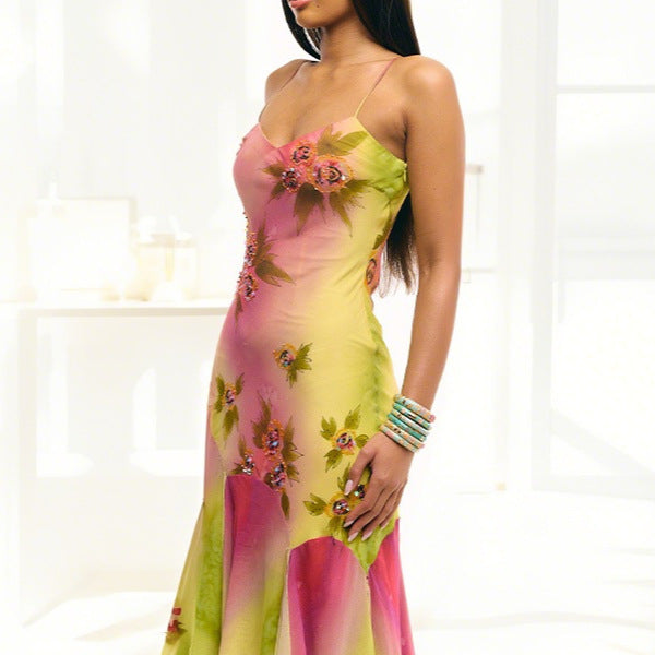 Dame Elegant Maxikjole med florale applikasjoner og asymmetrisk kant Skjora