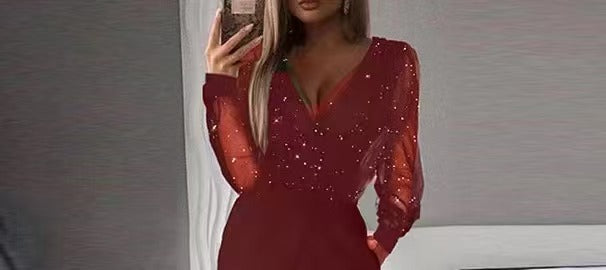Damer Elegant Jumpsuit med gjennomsiktige ermer og gnistrende detaljer Skjora