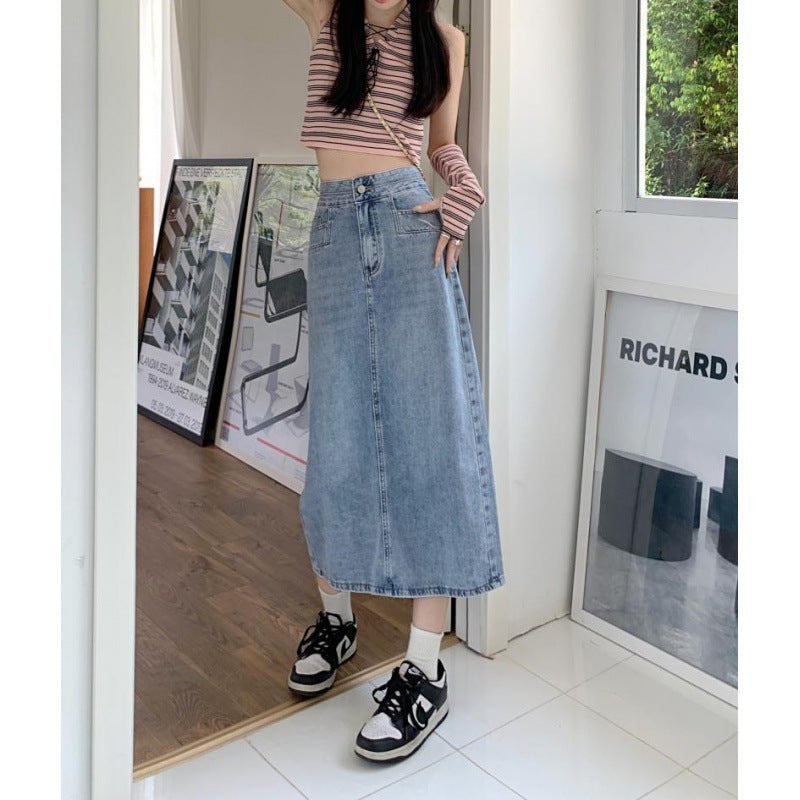 Damer Casual Midi Dongeriskjørt med Sideslisser Skjora