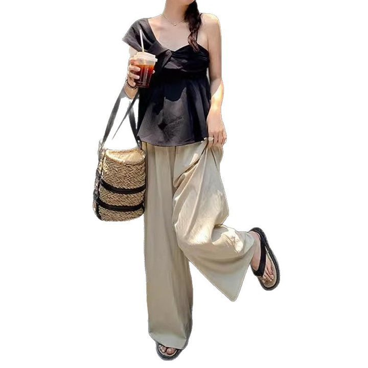 Dame Off-Shoulder Bluse med Motetrend Drapering og Knute Detalj