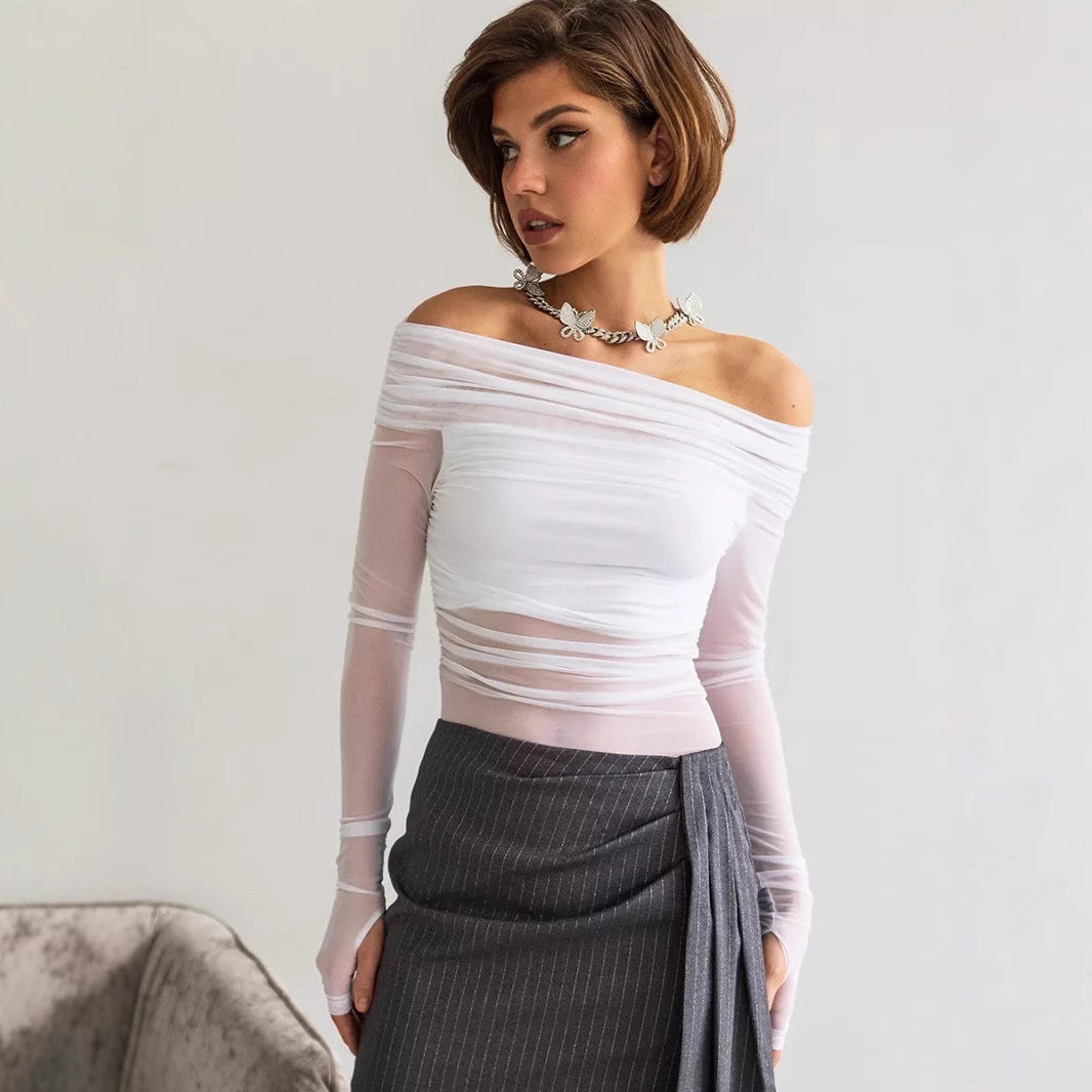 Women's Off-the-Shoulder Long-Sleeve Top made of transparent mesh material Skjora