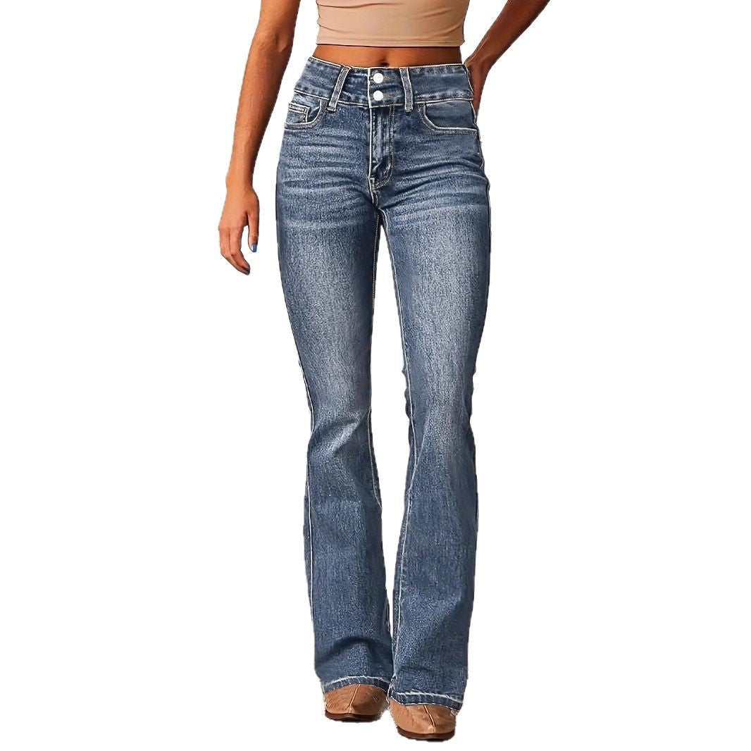 Kvinnenes høye midje flagrende jeans med dekorative knappedetaljer og figurvennlig snitt