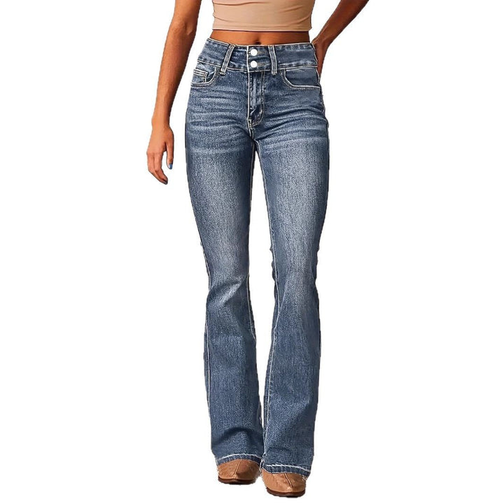Kvinnenes høye midje flagrende jeans med dekorative knappedetaljer og figurvennlig snitt