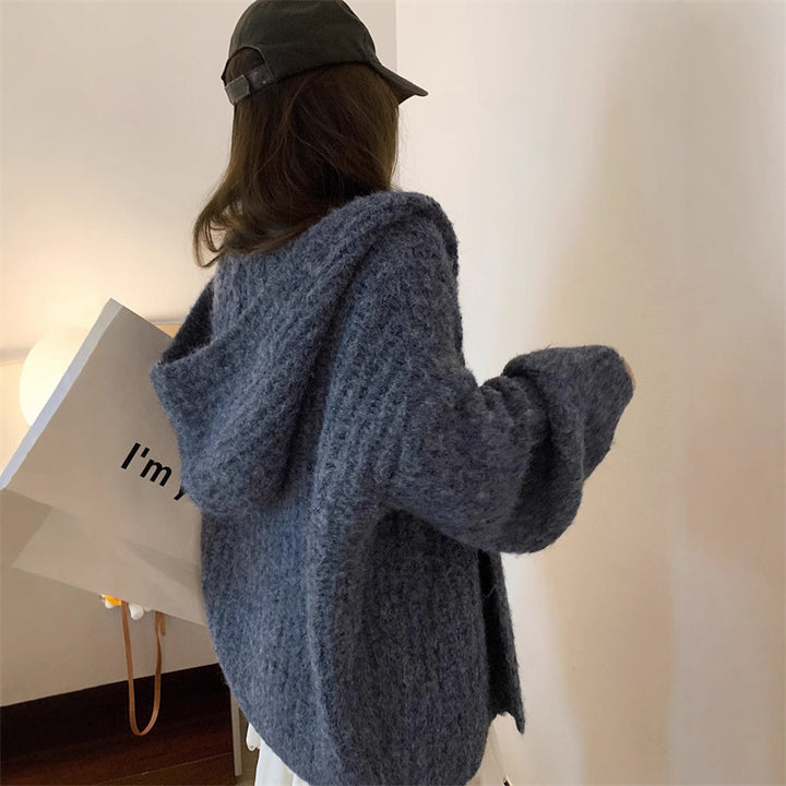 Kvinne Cozy Oversized Hoodie-Kardigan med Dyp V-Hals og Løs Passform Skjora
