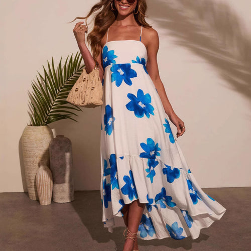 Dame maxi kjole med dekorative blomster mønstre og elegant volang kant Skjora