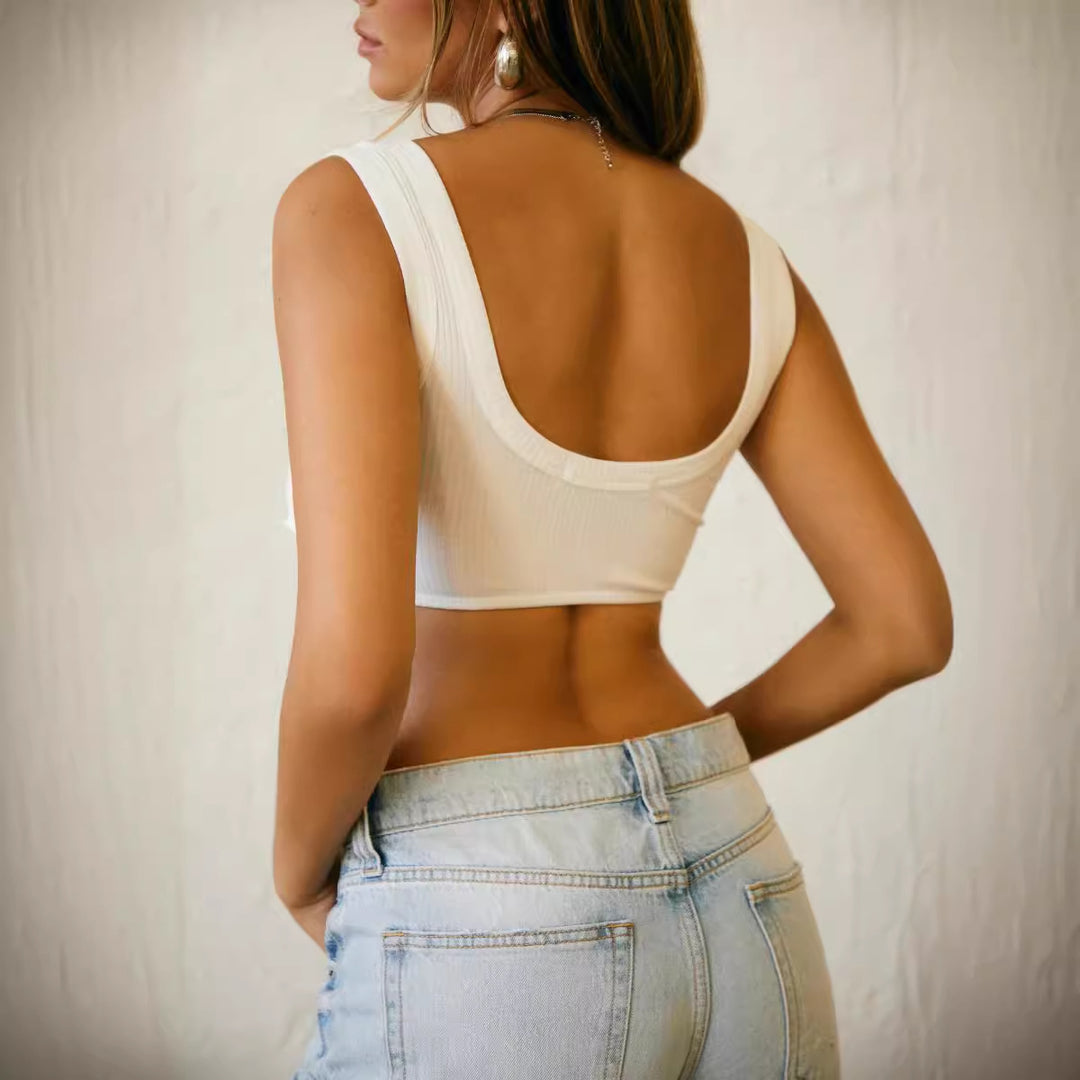 Dame Crop-Top med dekorativ knute og strukturert design Skjora