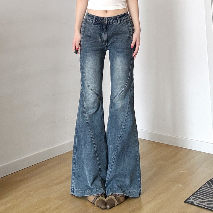 Dame klassiske Flared Jeans med høy midje og frynset hem Skjora
