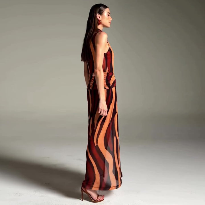 Damer elegant maxi kjole med unikt stripe mønster og høy krage