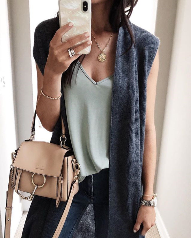 Dames Elegant Lang Strikket Vest i Uformell Stil