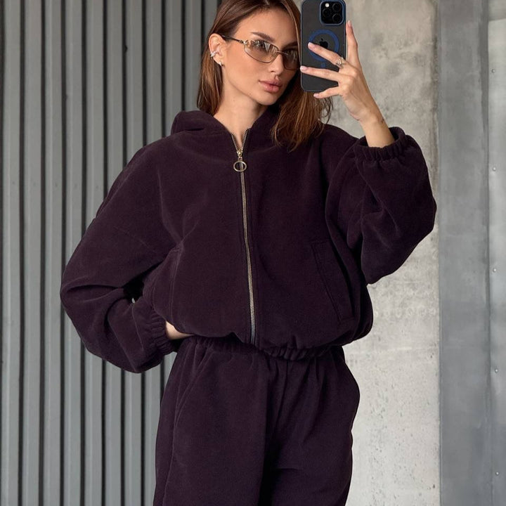 Damer Komfortabel Velour Hoodie Treningsdress med Glidelås Skjora