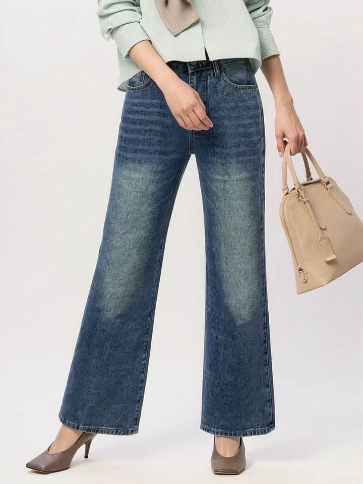 Dame brede høy midje jeans med unik tekstur Skjora