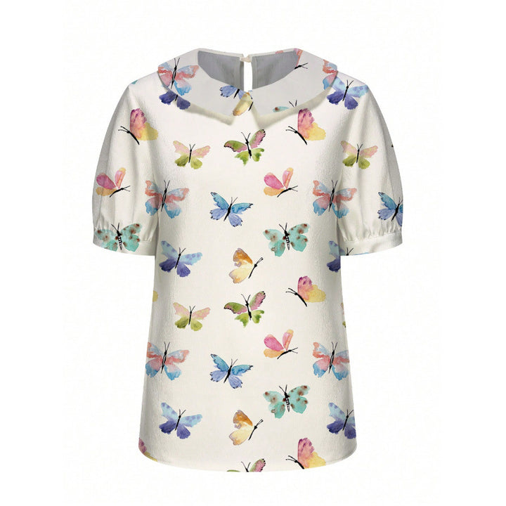 Dame kortermet bluse med florale accenter og klassisk krage Skjora