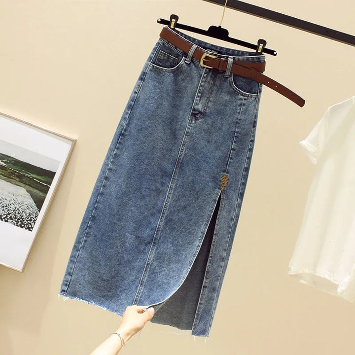 Kvinnes denim maxiskjørt med sideslitt Skjora