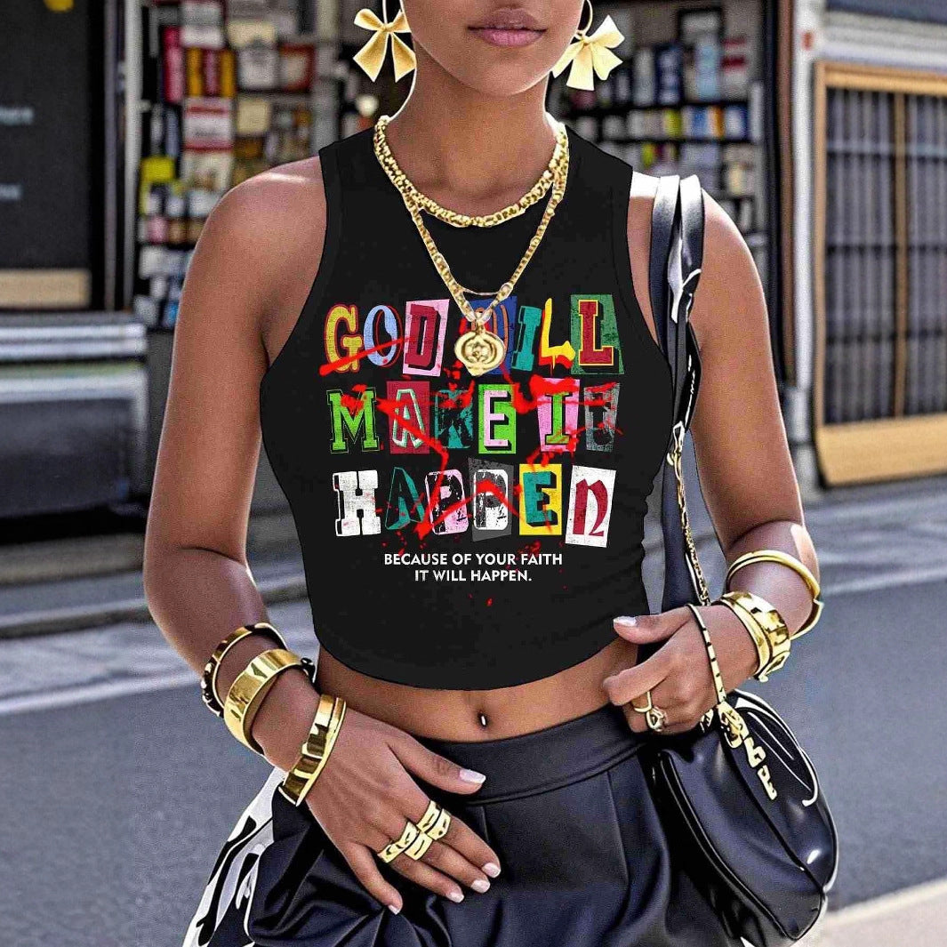 Dame Crop-Top med kreativ tekst og moderne grafisk design Skjora