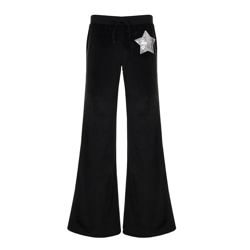 Ladies Loose Fit Velvet Trousers with Sparkling Star Motif Skjora