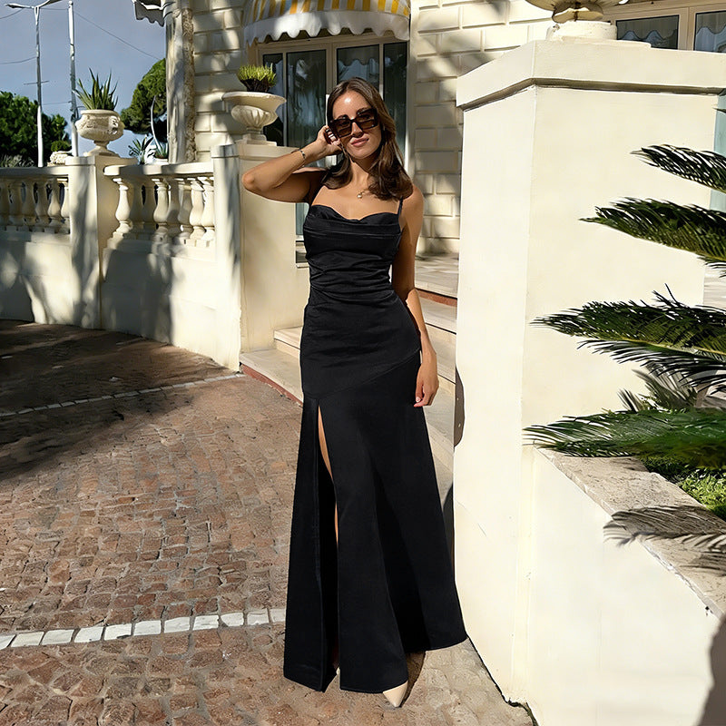 Women's Elegant Evening Dress with Side Slits and Ruched Design Skirt