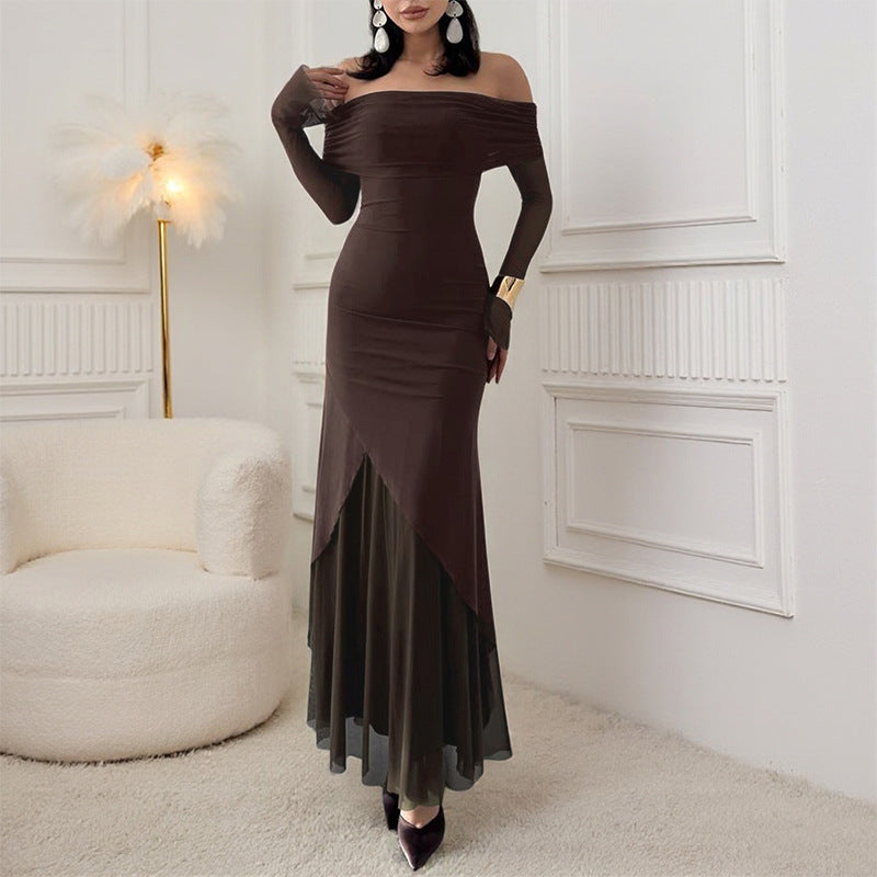 Dame elegant off-the-shoulder maxikjole med raffinert rynkede overdel og asymmetrisk kant Skjora