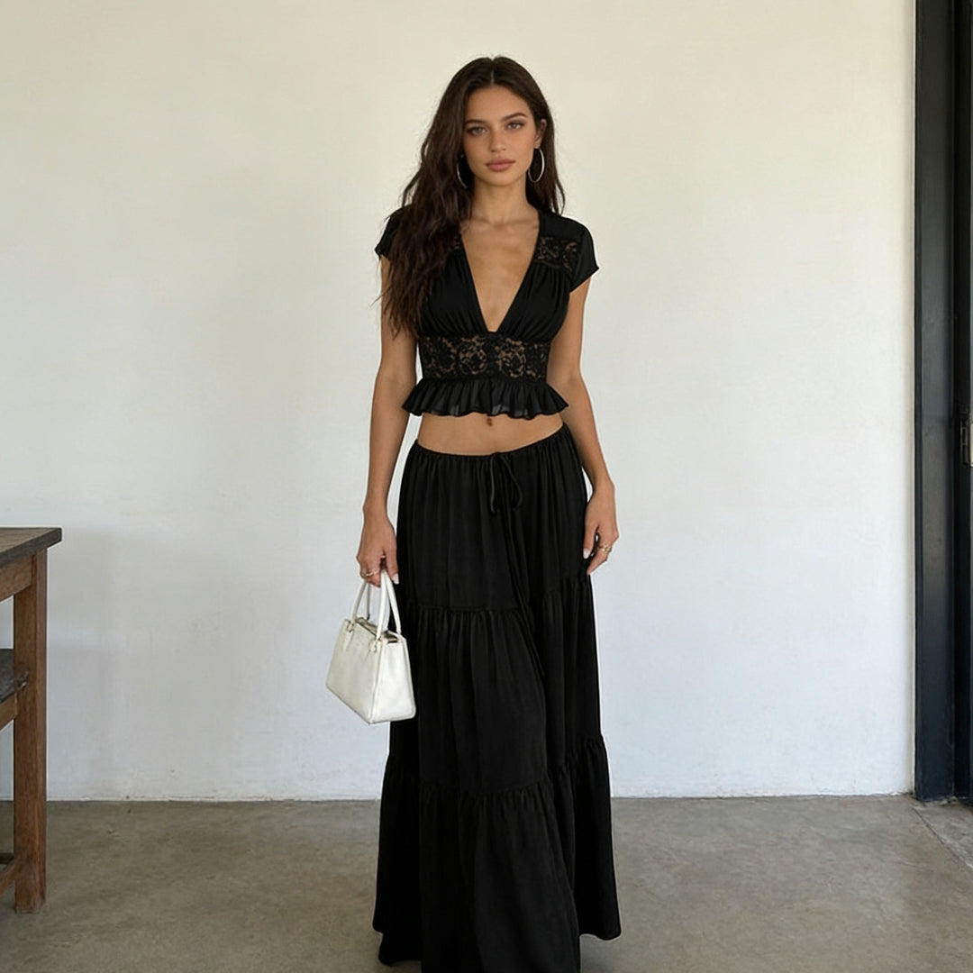 Damer Løs Maxi-Kjole med elegant rynking og cropped topp Skjora
