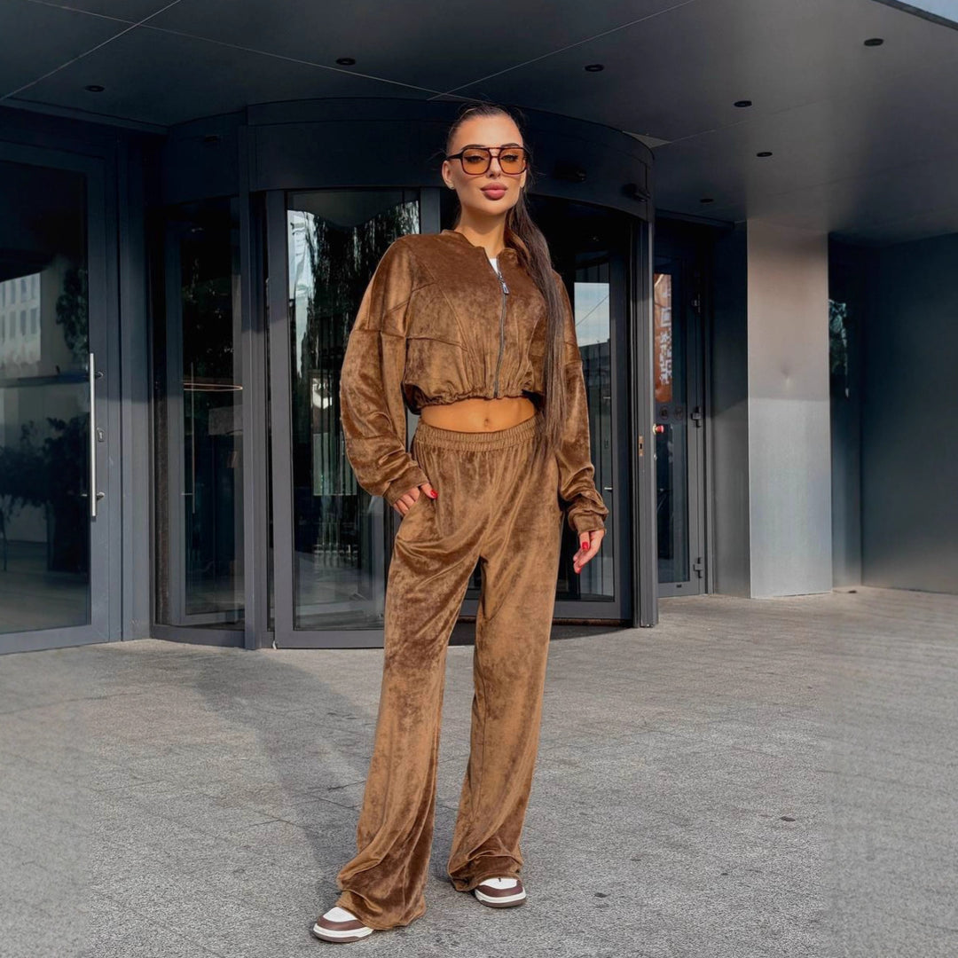 Dame sporty loungewear-jakke med glidelås og trendy bredt kutte bukser Skjora