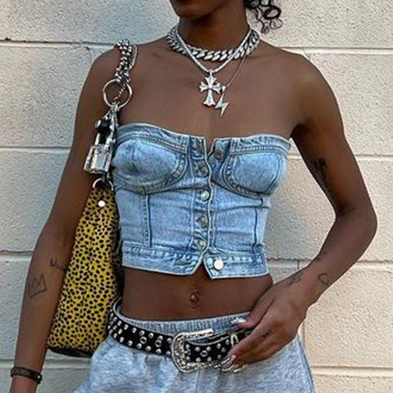 Dame Denim Crop Top med strikket overtrukket Skjora