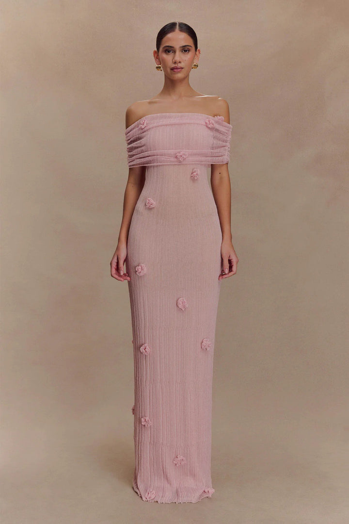 Damer Elegante Maxikjole med Off-Shoulder-design og delikate 3D-blomsterapplikasjoner Skjora