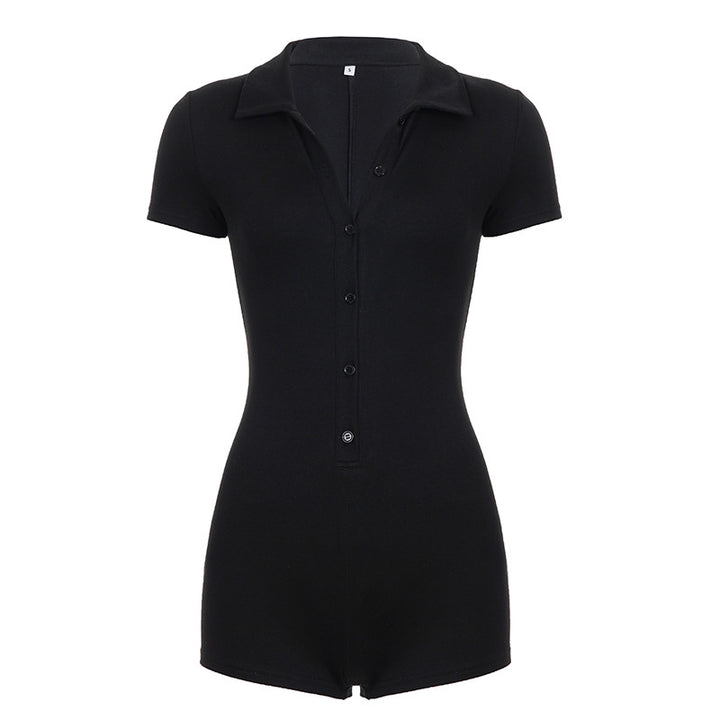 Dame kortermet jumpsuit med knappestolpe ogElegant polo krage Skjora