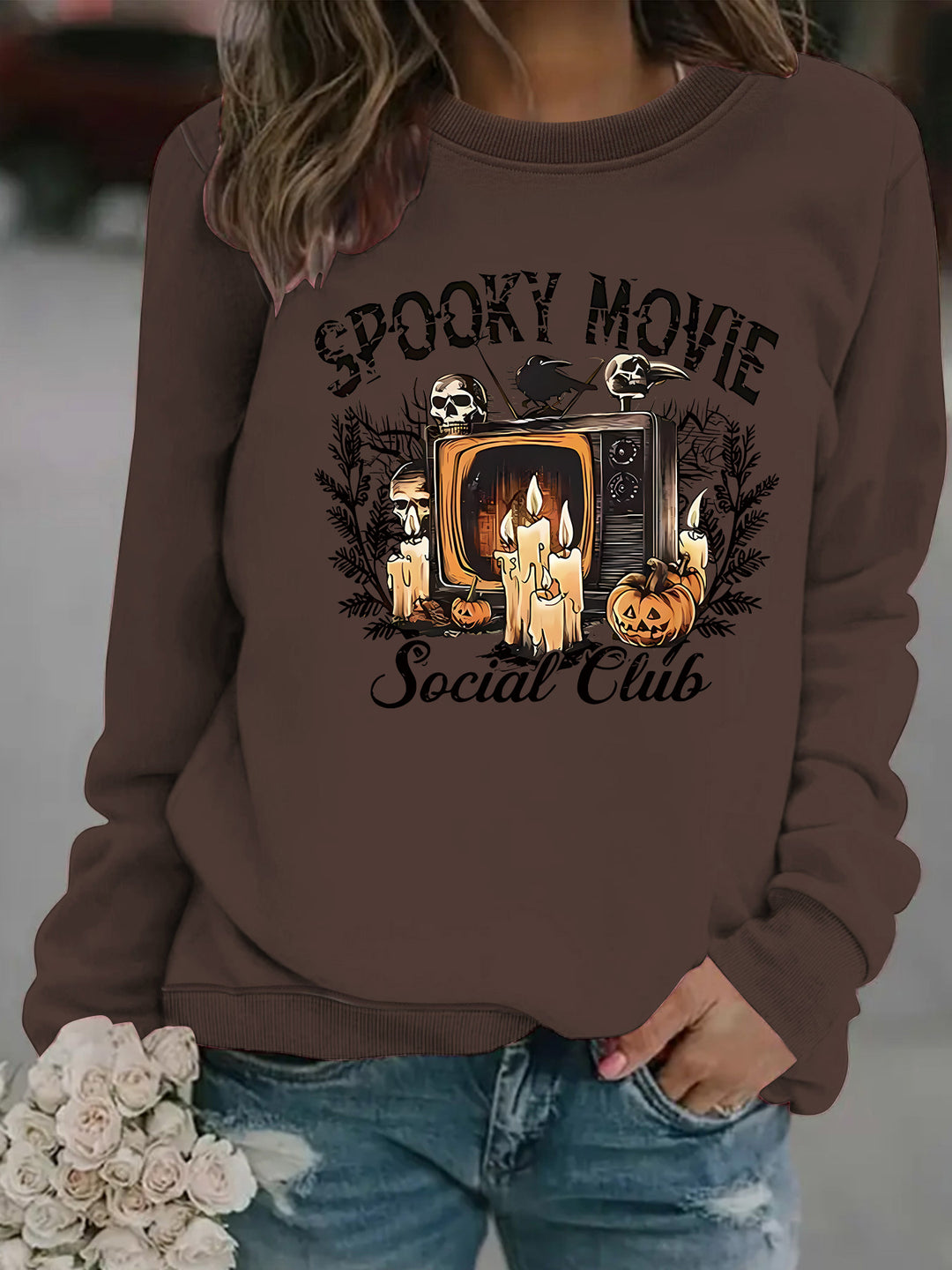 Dame sweatshirt med skummelt filmmotiv og avslappet snitt Skjora