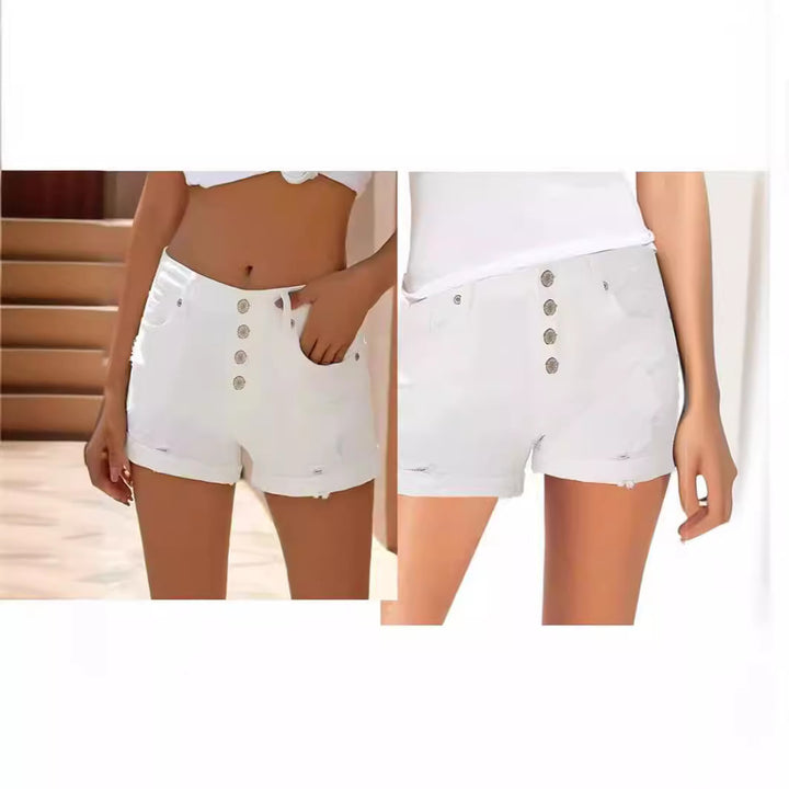 Dame moteriktig høy midje denim shorts med knappdetaljer og frayed hem Skjora