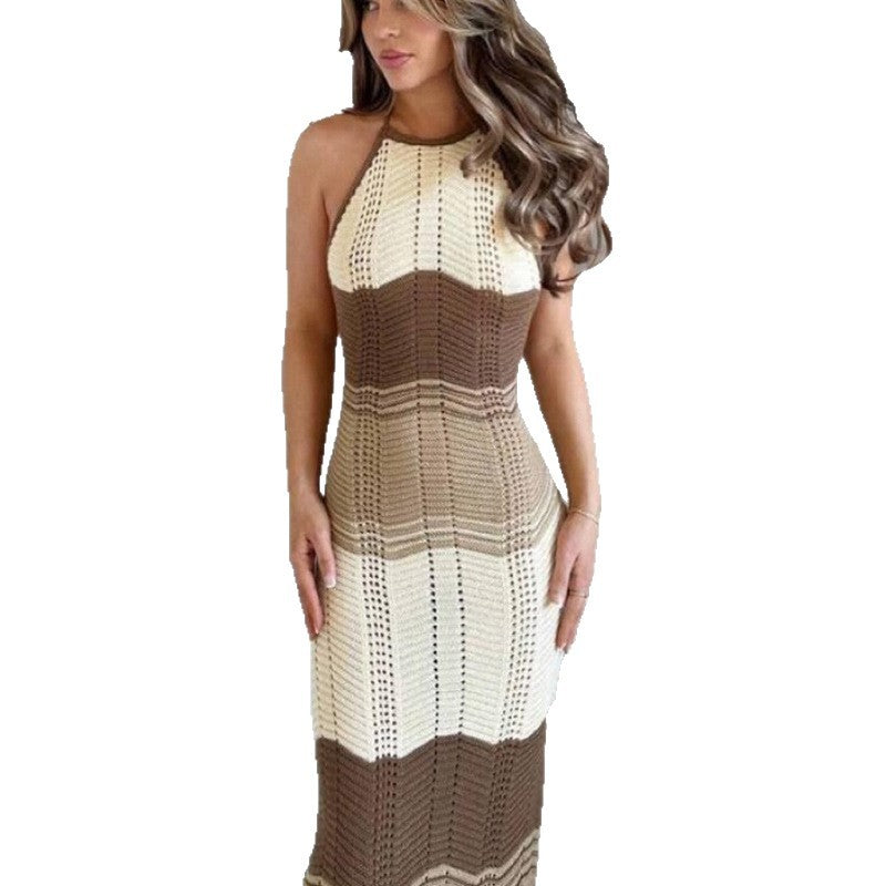 Damen Häkel-Maxikleid mit exklusivem Muster und elegantem Kragen Skjora