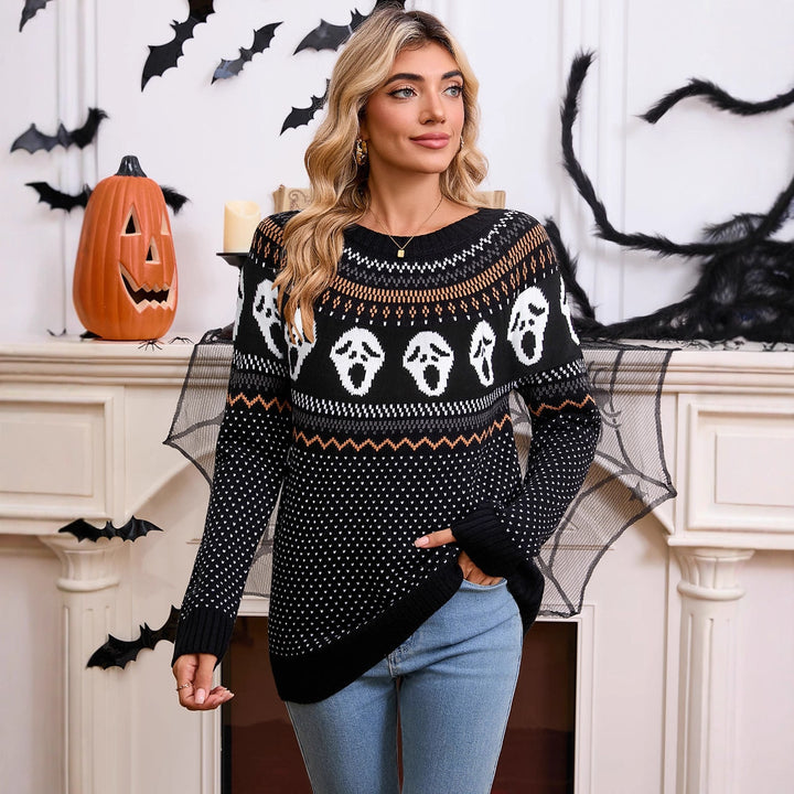 Kvinne Mønstret Strikkegenser med Halloween Motiv Skjora