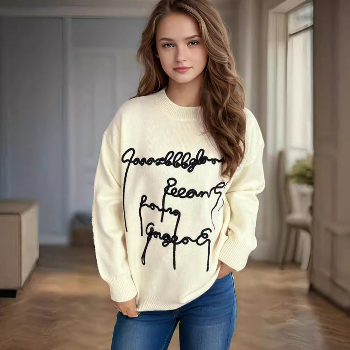 Kvinnes koselige oversized genser med kunstnerisk trykk Skjora